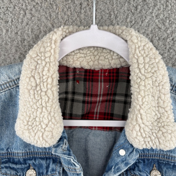 L.E.I. Sherpa Collar Denim Jacket Juniors M Blue Jean Trucker Plaid Lined Vtg - Picture 6 of 10